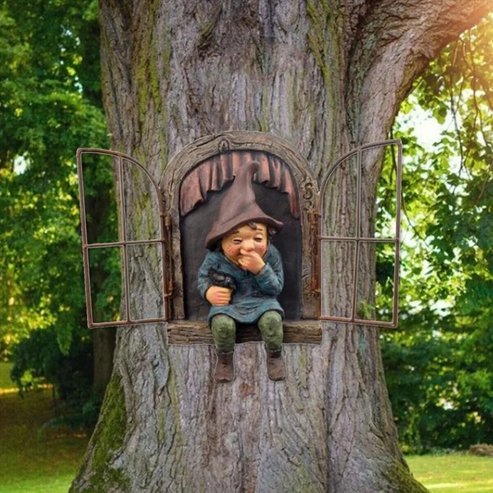 Whimsy Tree Hugger Garden Elf Sculpture