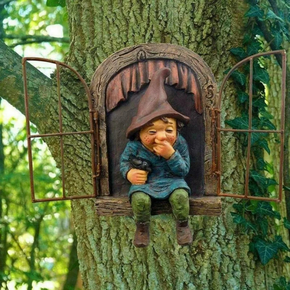 Whimsy Tree Hugger Garden Elf Sculpture
